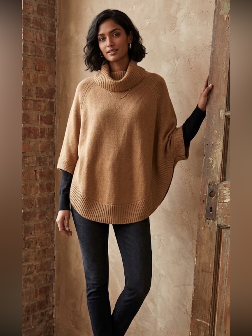 Massimo Dutti Camel Turtleneck Poncho Sweater EUC